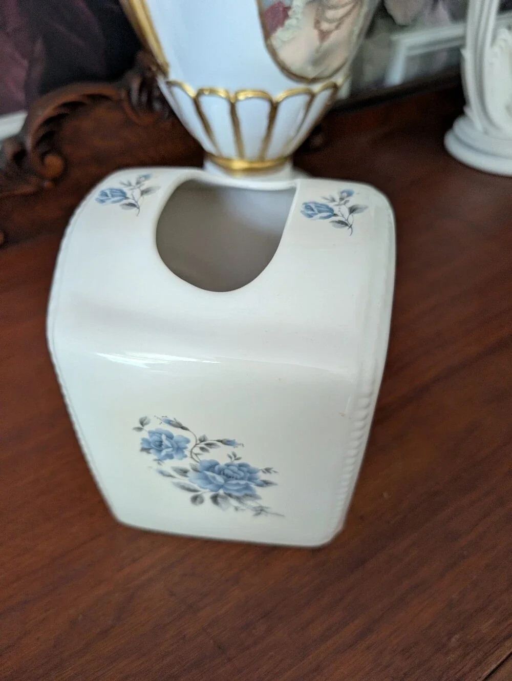 Vintage,  ATHENA USA Tissue Container holder Blue Roses Off white Porcelain 6.5